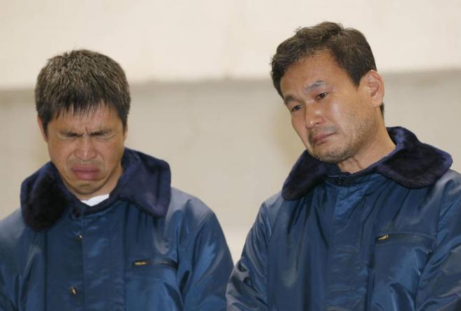 Photo from Japan Times: The faces say it all.  Mitsuhiro Iwamoto (left), 46, and newscaster Jiro Shinbo, 57, attend a news conference after they were rescued Friday by the Maritime Self-Defense Force in the Pacific Ocean. Iwamoto, a veteran sailor who is visually impaired, and Shinbo left Onahama port in Iwaki, Fukushima Prefecture, on Sunday bound for San Diego, California, but ran into stormy weather. | KYODO ©  SW